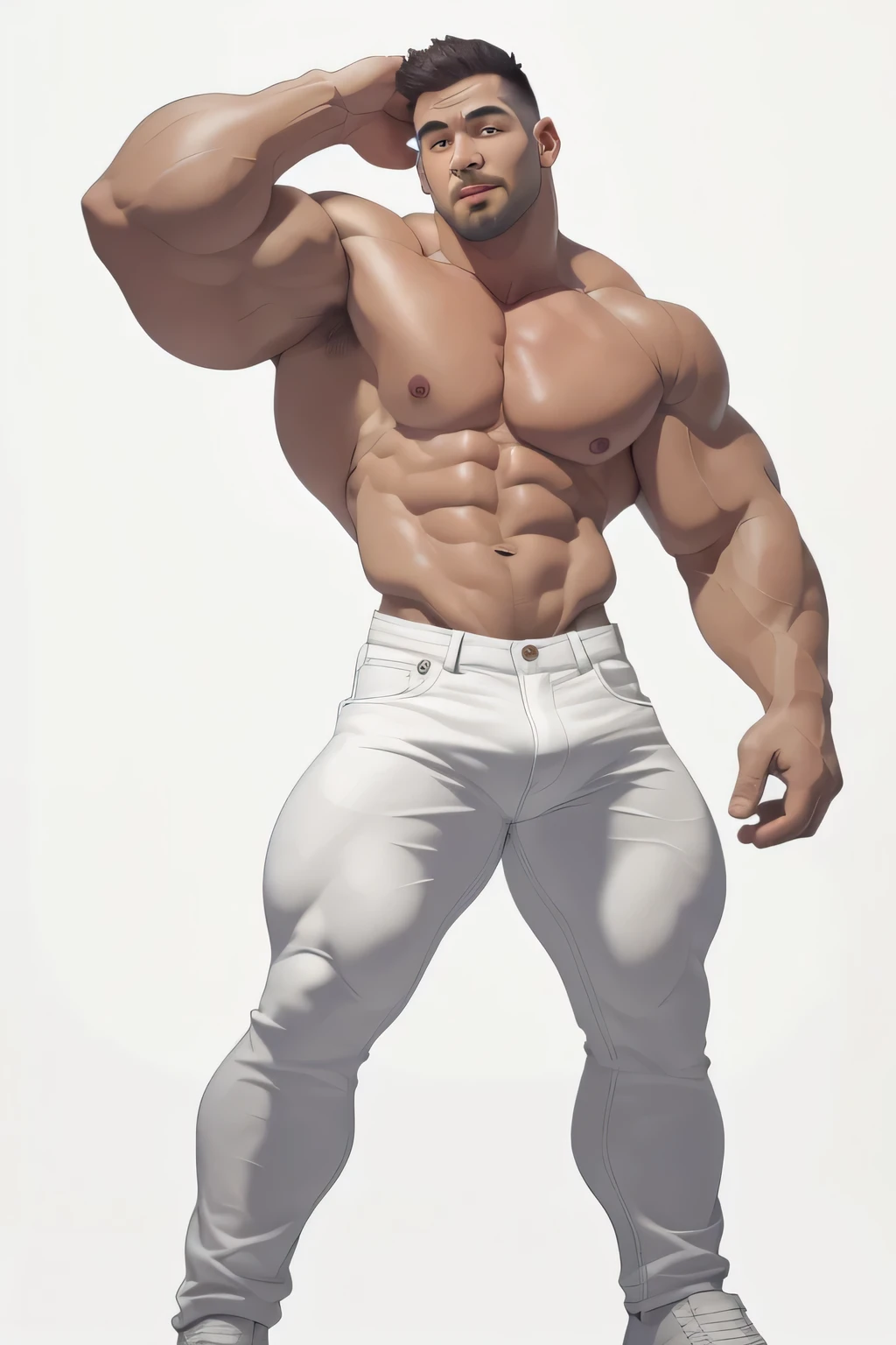 masterpiece, handsome , clear face and eyes, best quality, muscular, bara, flexing, mature male, shirtless,90's haircut, large pectorals,wearing white jeans,huge arms and hands, thick eyebrows,white background