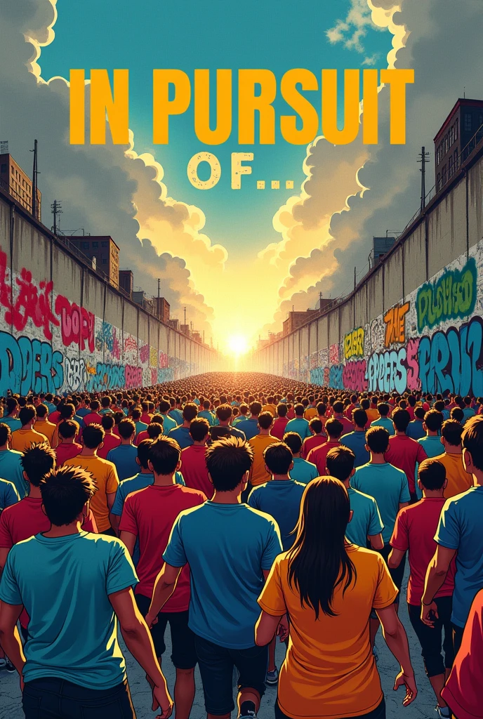 Design a vibrant and dynamic poster titled 'IN PURSUIT OF...' it should be based on unemployment and have mob of unemployed people without faces