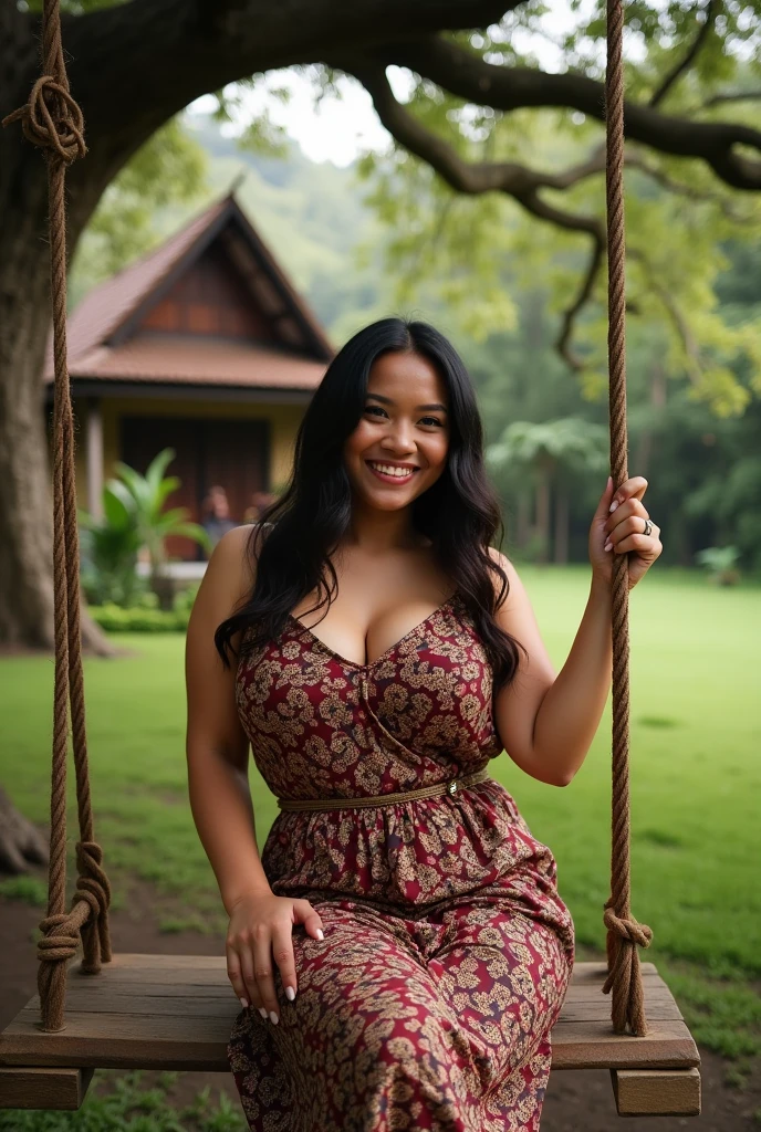 (hyperrealistic photo), exotic beautiful indonesian woman, plump, natural big breasts, knee-lenght sleeveless batik housedress with intricate abstract details, sit on garden swing under banyan tree, sensual pose, naughty expression, her hand on her breast and her vagina,  looking at the viewer, natural light, wide angle full-body shot, indonesian village house in the background,