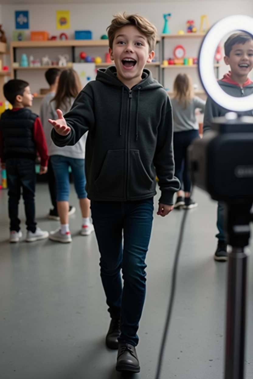 A young boy,wearing hoody and trouser,talking in video