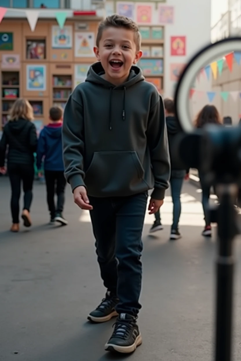 A young boy,wearing hoody and trouser,talking in video