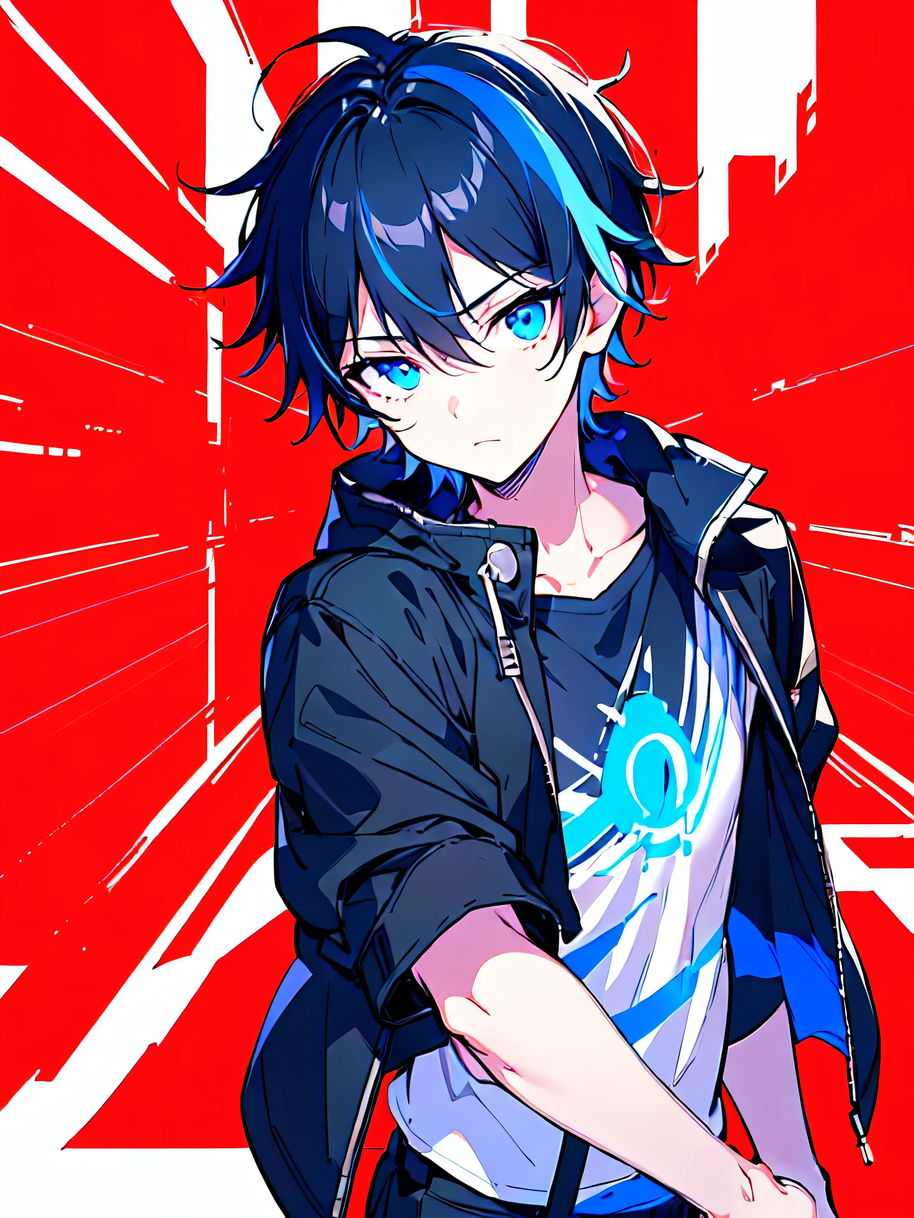 [(RED BACKGROUND:1.5),::5], ((((masterpiece)))), high quality, ultra very high resolution, full color, (((solo))), (()), BLACK short hair, ((Blue streaked hair)), (oriental deepblue eyes), anime, ((upper body)), Summer clothes, neon light, black parka, glaring