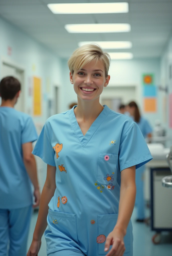 infirmiere adolescente cheveux tres courts blonds uniforme chambre hopital