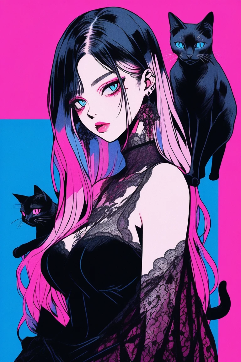 Illustrator, anime , Realistic ,sketch , 1 person, model, Age 25, lip, A sheer black gothic mini dress with lots of lace and revealing details., order, Blue and pink gradient background, Neon Medium Hair, Big Breasts, look back, Upper Body, Holding a black cat, Sexy look, Texture Trim, Canadian, (masterpiece,Highest quality)