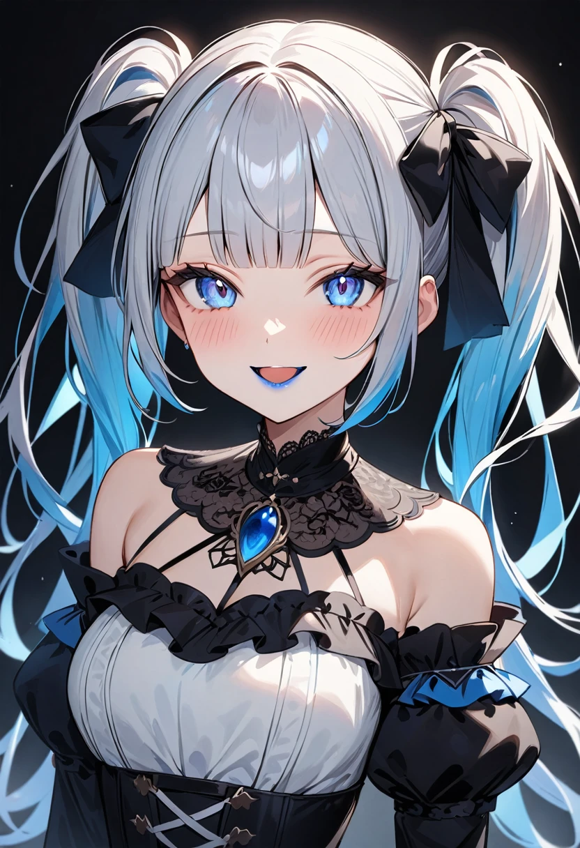 (masterpiece, top quality, very aesthetic, 4k、illustration), intricate detail, 1woman,solo,contrapposto 、(tareme)、Strong glowing eyes、blunt bangs,Fair skin,(upper body)、Open mouth happy smile 、twintails、(Blue lipstick),beautiful face、Blushing,(gradient hair)、multicolored hair,middle hair,sidelock ,blue　eyes、gothic lolita dress、medium breasts、slender 、