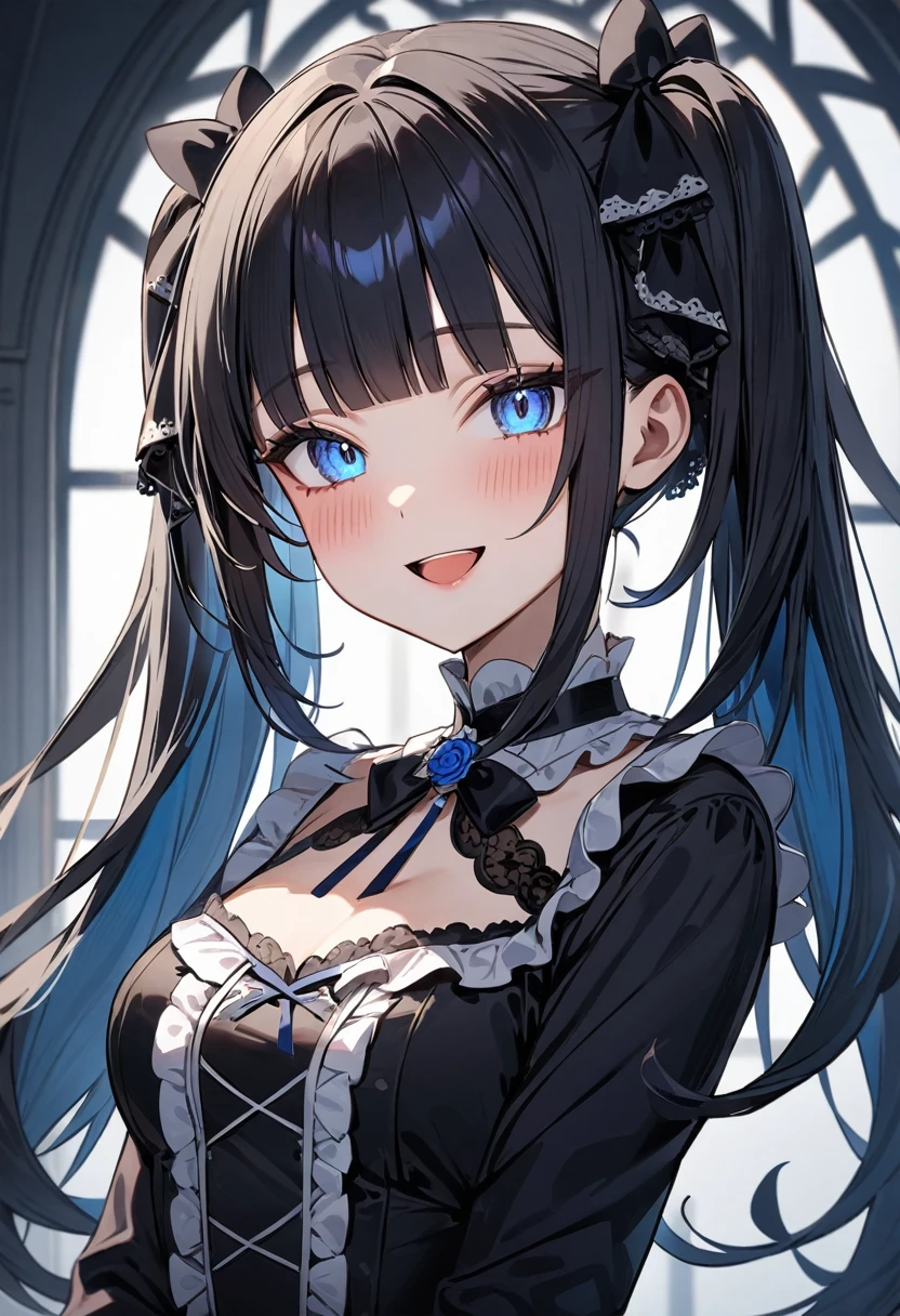 (masterpiece, top quality, very aesthetic, 4k、illustration), intricate detail, 1woman,solo,contrapposto 、(tareme)、Strong glowing eyes、blunt bangs,Fair skin,(upper body)、Open mouth happy smile 、twintails、(Blue lipstick),beautiful face、Blushing,(gradient hair)、multicolored hair,middle hair,sidelock ,blue eyes、gothic lolita dress、medium breasts、slender 、