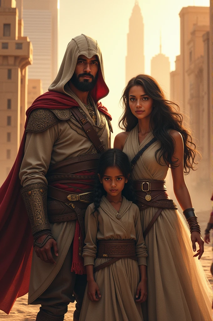 Generate a drawing of Avatar legend of Korra X assassin's creed with my original character Alaric Ibn la Ahad, descendants of Altair Ibn la Ahad and the husband to Korra and make them in a family portrait together with their daughter Lila