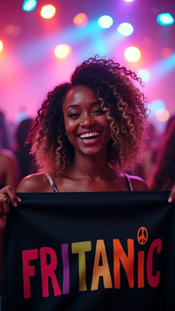 An ultra-realistic and highly detailed image of a black woman with curly hair and light-colored highlights at the tips. She has honey-colored eyes. She is at a rave with lights all around her. She is smiling broadly and holding a black fabric banner with the word "FRITANIC" written in playful, rainbow-colored letters. Next to the word is a fully colored peace and love symbol. The image features a bokeh effect around the woman and a vignette effect. The scene is captured with a Sony A7R IV paired with a 35mm f/1.4 GM lens, ensuring stunning clarity and rich colors. The lighting is vibrant and dynamic, with the rave lights creating a lively atmosphere. The aspect ratio is 9:16, emphasizing the vertical composition