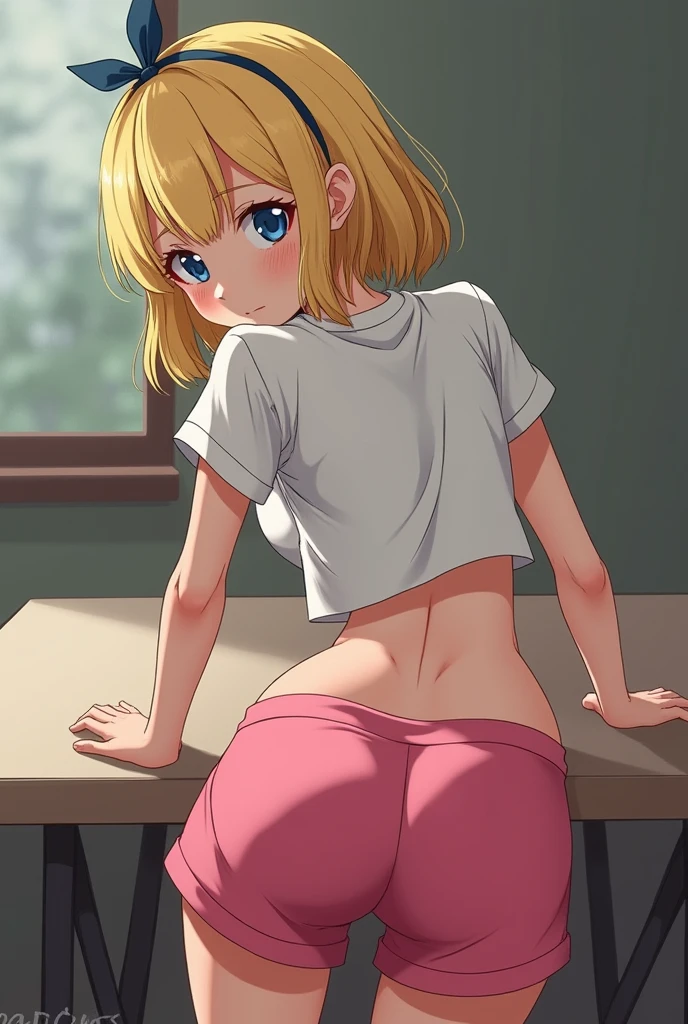 Sexy young girl,young, 14y, Blonde hair, blue eyes, pink short skirt, White shirt, Big Butt, bending over, nude , naked , g , bending down, backwards, showing the ass, leaning on a table, in gym shorts and top
