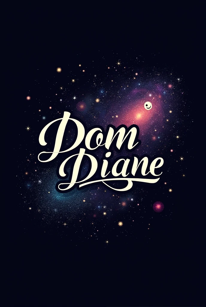 Create a logo "Dom Dinge" Black colour, luxury curved Front , Background stars and galaxy happy face
