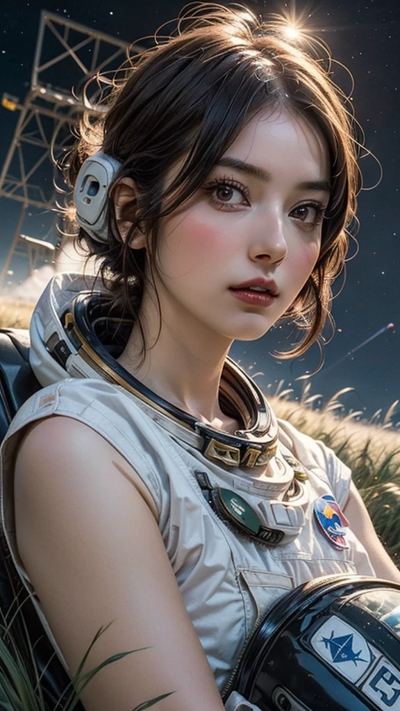 Awards (whole body:0.8) (Portrait Photography:1.3) Young woman (Sci-Fi Astronaut:1.3) with (Military tanks:1.4), (Stargate:1.4), Gaze upon a lush alien planet, (Mountain々:1.2) (Tall Grass:1.4), rock, Fluffy clouds floating in the sky, Trending on Art Station, Very detailed, The finer details, Complex, (Lens flare:0.6), (Backlight:0.8), (bloom:0.8), Shallow depth of field
