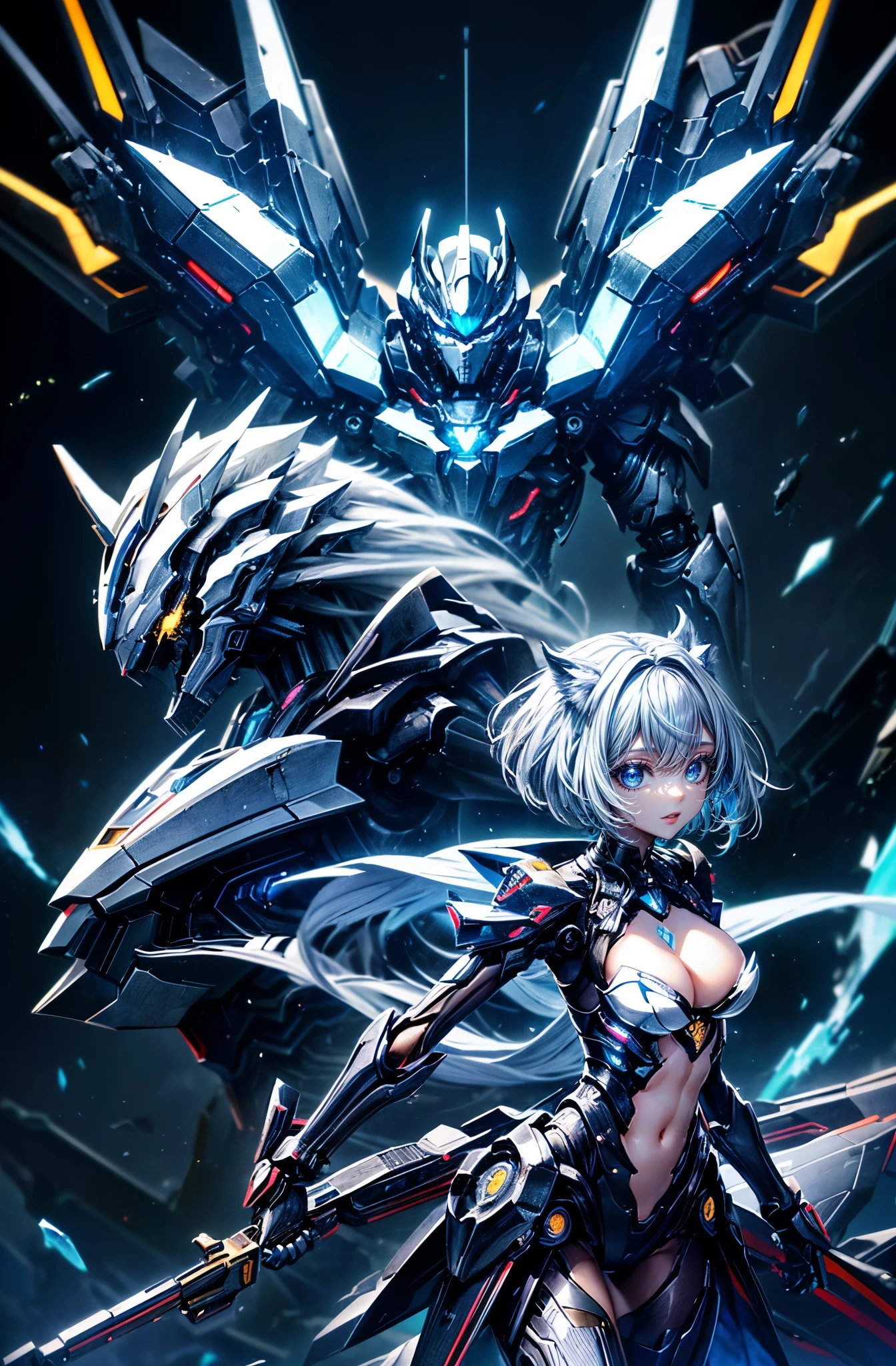 super high quality、8K quality、High resolution、Image quality captured with a single-lens reflex camera、(SFW)、Perfect Anatomy、(Mechanical Wolf girl theme)Beautiful Mecha Girl、A 20-year-old girl with beautiful シルバーhair and medium bob.Blue eyes、(Good shape、Beauty Big Chest、Cleavage)、(Smile:1.5)3D, Realistic black machine parts、(Real Mechanical Unit、The mechanism is concentrated on the back)、break(ウルフデザインアーマー:1.2)(Mechanical parts below the elbows and knees:1.2)break、(Perfect Anatomy:1.4)break(Back view、smile、avert your eyes:1.3)(full body)(白バックグラウンド:2.0)メカニカルウルフ