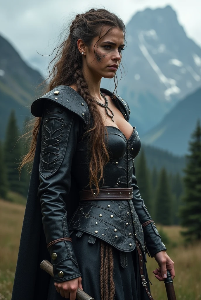 Female viking warrior wearing black leather armor, showing cleavage, full length