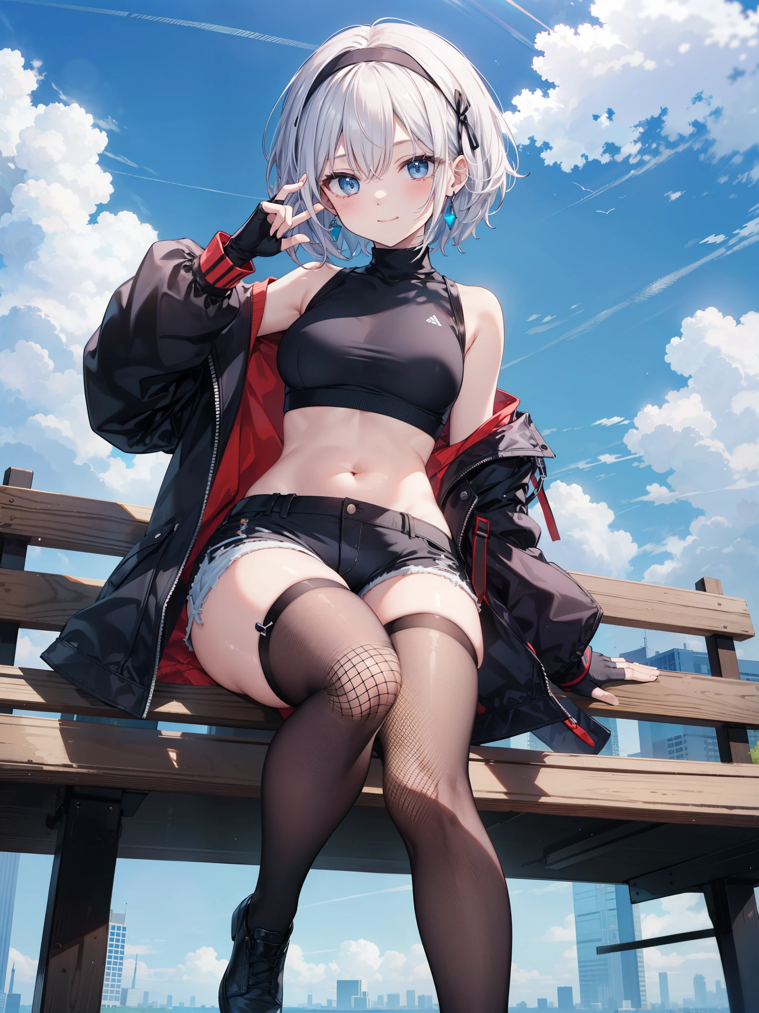 ,Haircuts, pixie cut,
壊す crop top, fingerless gloves, fishnet Thighhighs, fishnet, forehead protector, gloves, head band, belly button, short shorts, shorts, single sleeve, single thigh high, No sleeve, No sleeve turtleneck, Thighhighs, turtleneck,
bench、blue sky、smile, solo,rising_leg,solo