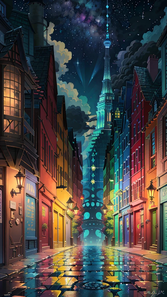 original,(Awareness-raising:1.1),(Highest quality),(masterpiece:1.1),(Highly detailed CG unity 8k ),(Extremely colorful:1.2),Music score playback、Colorful musical scores are played、Cute Characters、 Night view from a high place、Drawing a large number of skyscrapers, Look up at the starry sky. Surround her with colorful nebulae and colorful metropolises.