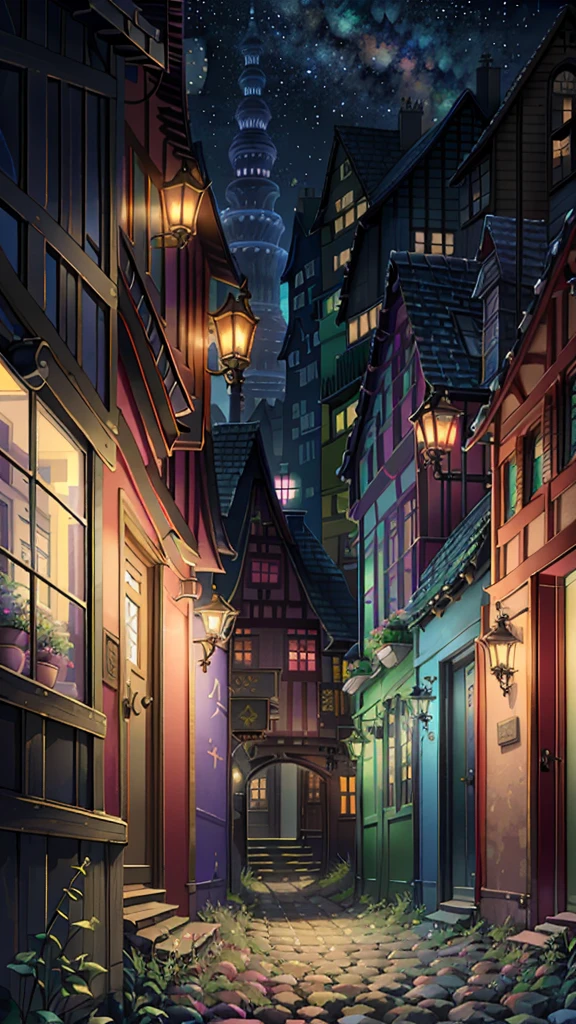 original，（Awareness-raising：1.1），（Highest quality），（masterpiece：1.1），（Highly detailed CG unity 8k ），（Extremely colorful：1.2），Music score playback、Colorful musical scores are played、Cute Characters、 Night view from a high place、Drawing a large number of skyscrapers, Look up at the starry sky. Surround her with colorful nebulae and colorful metropolises.