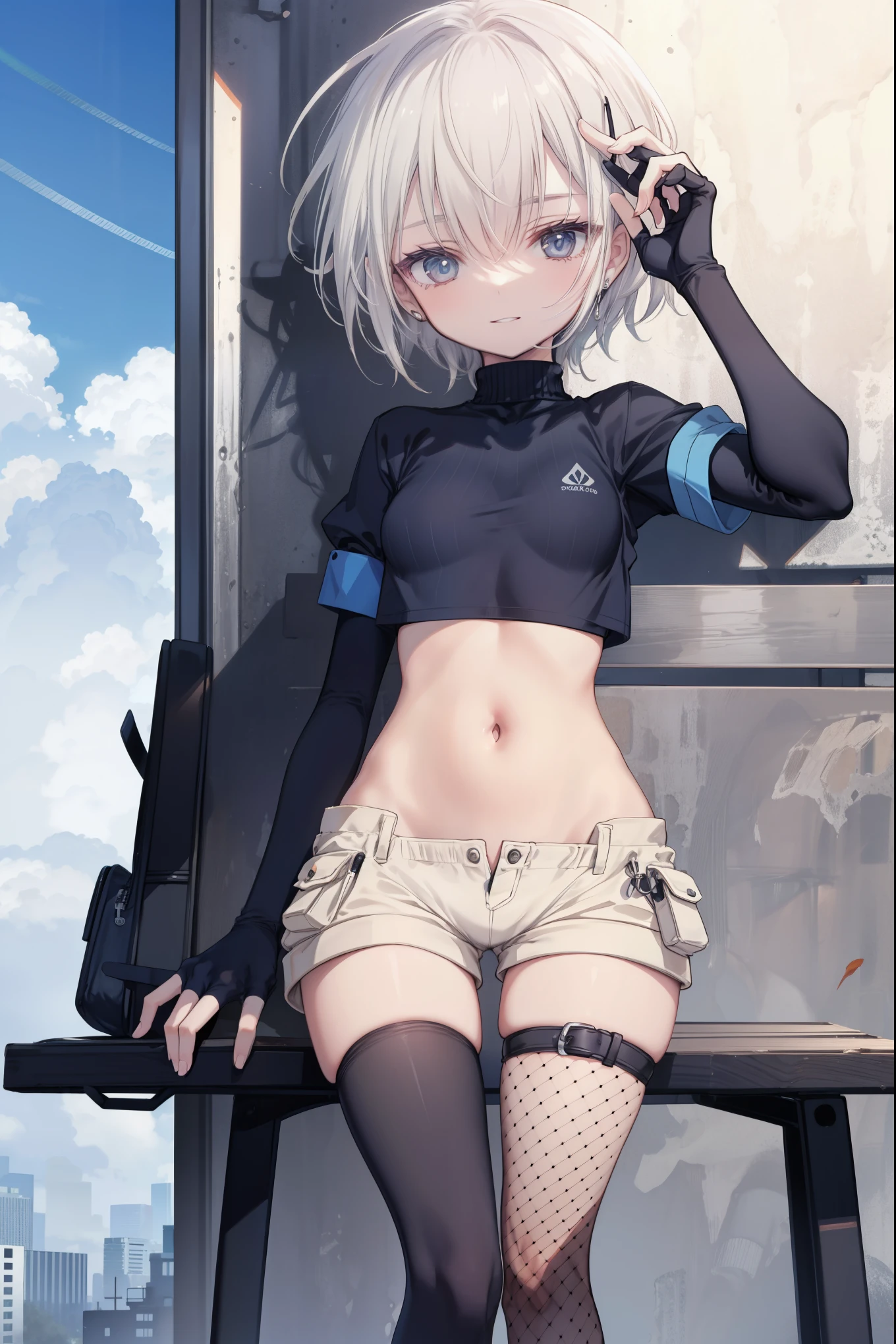 ,Haircuts, pixie cut,
壊す crop top, fingerless gloves, fishnet Thighhighs, fishnet, forehead protector, gloves, head band, belly button, short shorts, shorts, single sleeve, single thigh high, No sleeve, No sleeve turtleneck, Thighhighs, turtleneck,
bench、blue sky、smile, solo,rising_leg,solo