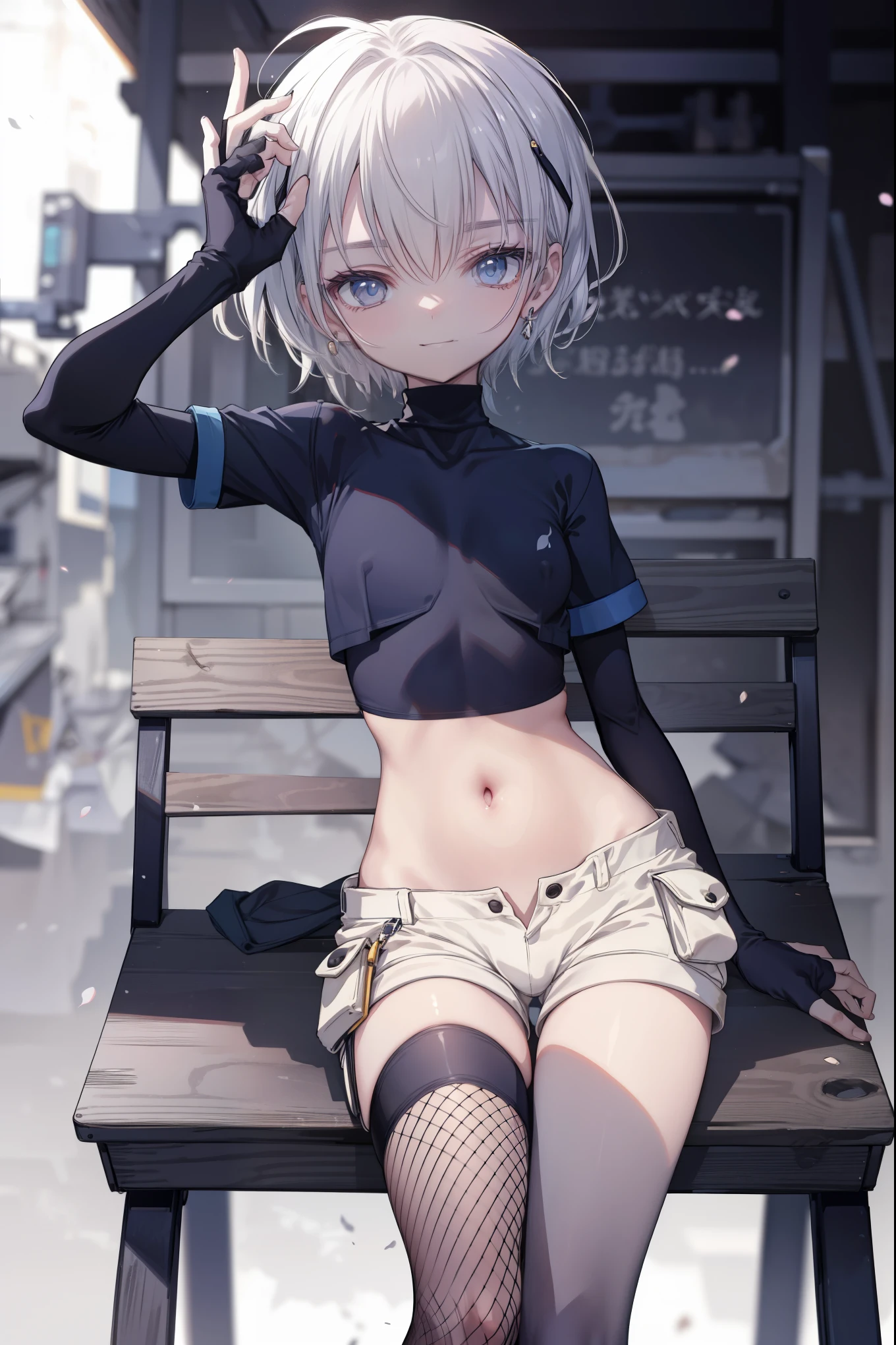 ,Haircuts, pixie cut,
壊す crop top, fingerless gloves, fishnet Thighhighs, fishnet, forehead protector, gloves, head band, belly button, short shorts, shorts, single sleeve, single thigh high, No sleeve, No sleeve turtleneck, Thighhighs, turtleneck,
bench、blue sky、smile, solo,rising_leg,solo