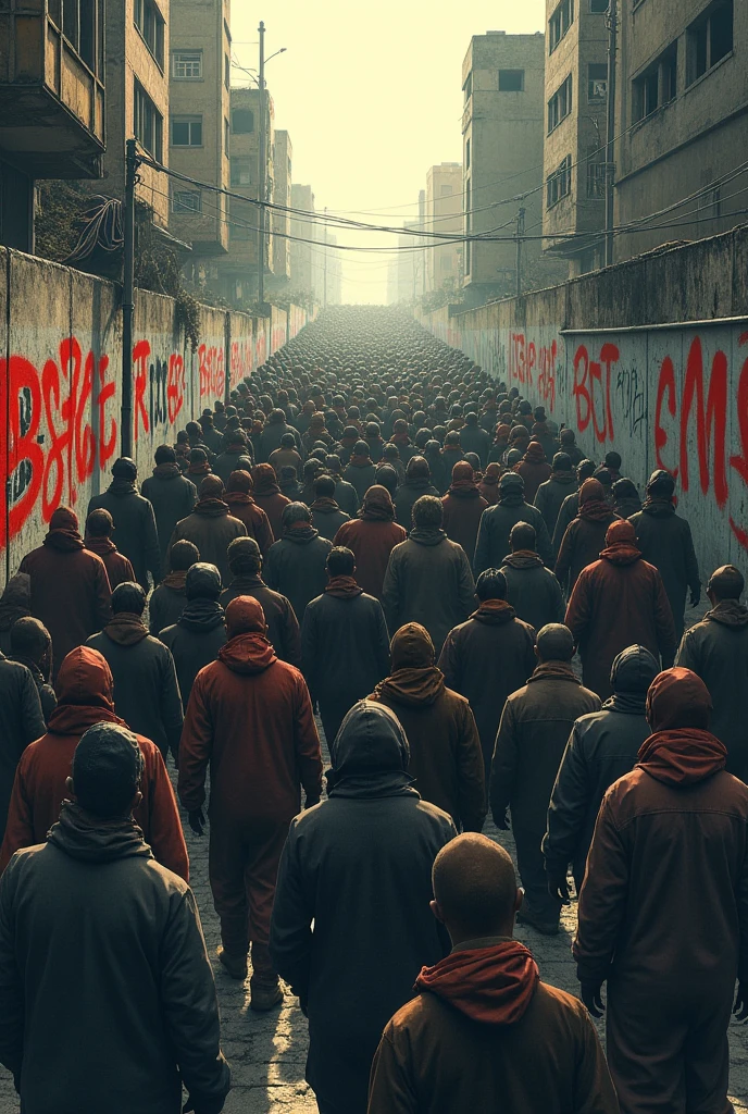 Design a poster titled 'IN PURSUIT OF...' it should be based on unemployment and have mob of unemployed people without faces
