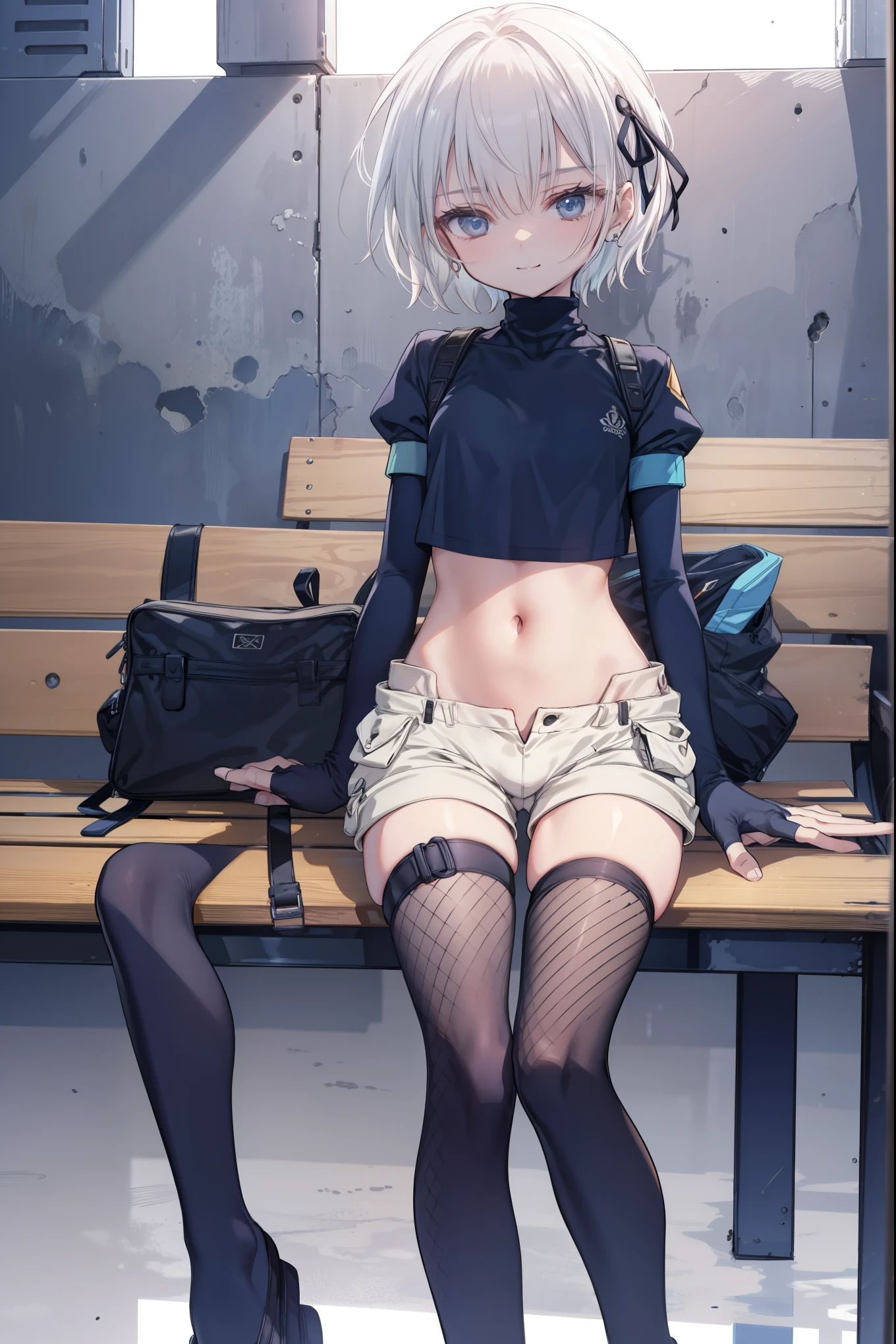 ,Haircuts, pixie cut,
壊す crop top, fingerless gloves, fishnet Thighhighs, fishnet, forehead protector, gloves, head band, belly button, short shorts, shorts, single sleeve, single thigh high, No sleeve, No sleeve turtleneck, Thighhighs, turtleneck,
bench、blue sky、smile, solo,rising_leg,solo