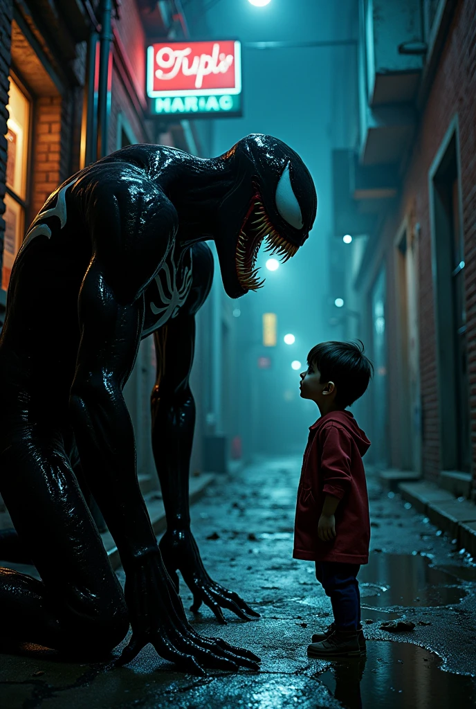 Venom emerges from the shadows, eyeing the child with a sinister expression.