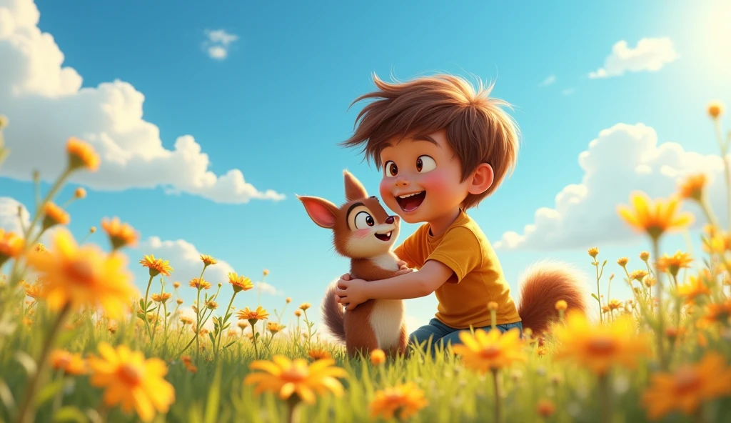 Leo, a young boy with a cheerful smile, Leo giving Nutty a big, joyful hug after the kite is rescued. Nutty is chittering happily, perhaps even doing a little dance, showing his pride in helping. The scene is heartwarming, capturing the strong bond between the two friends.