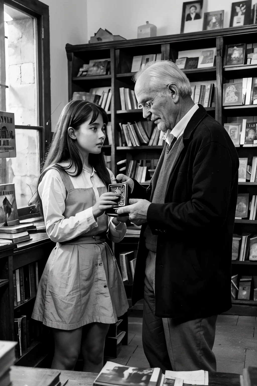 Black and white comic image of a young girl in an old book shop in a village, where an old man is handing a magic music box to her