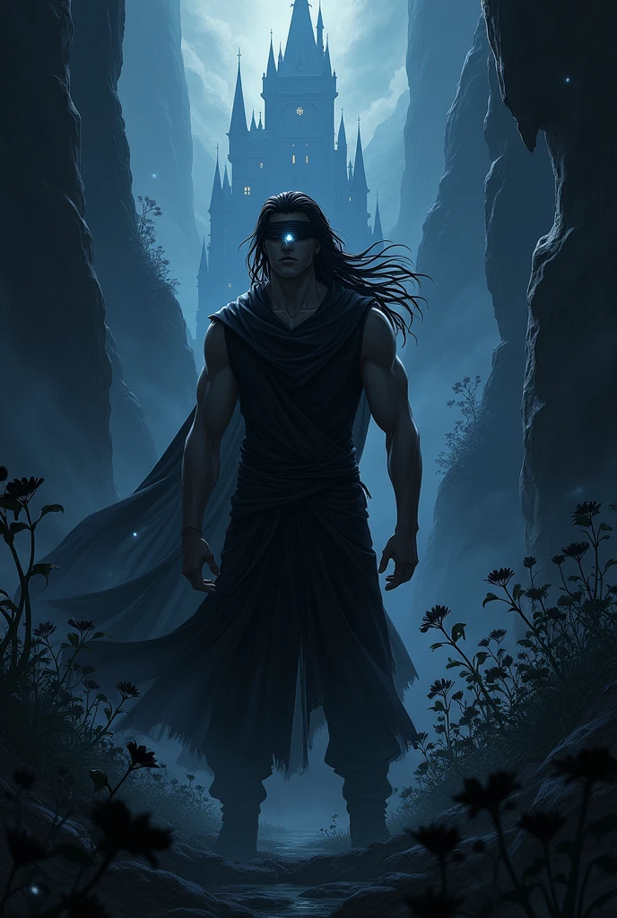 Create a man with the power to manipulate energies, with long black hair and a blindfold that detects enemies on his face, inside the dark abyss in anime style. On his side, black flowers and a huge castle. He has a young and muscular appearance.