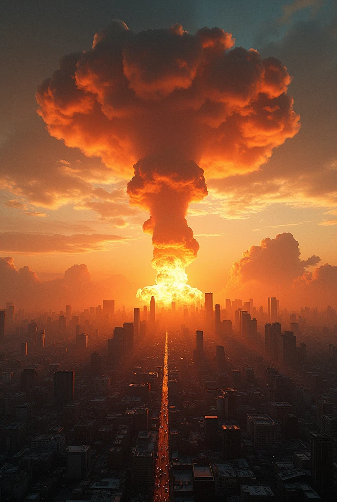 "A devastating explosion over Hiroshima, 1945. A massive mushroom cloud rises above the city, with a blinding flash of light at the center. The cityscape is being torn apart by the shockwave, buildings collapsing, and debris flying through the air. The scene is chaotic, with intense heat and destruction engulfing everything."