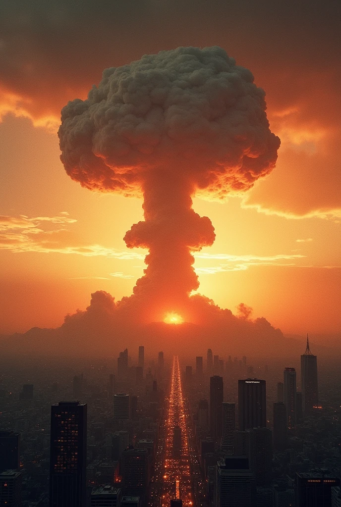 "A devastating explosion over Hiroshima, 1945. A massive mushroom cloud rises above the city, with a blinding flash of light at the center. The cityscape is being torn apart by the shockwave, buildings collapsing, and debris flying through the air. The scene is chaotic, with intense heat and destruction engulfing everything."