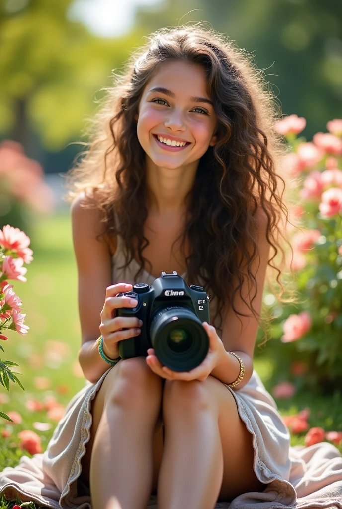 A brunette girl with curly hair and big breasts sits with her legs stretched out, taking a realistic photo