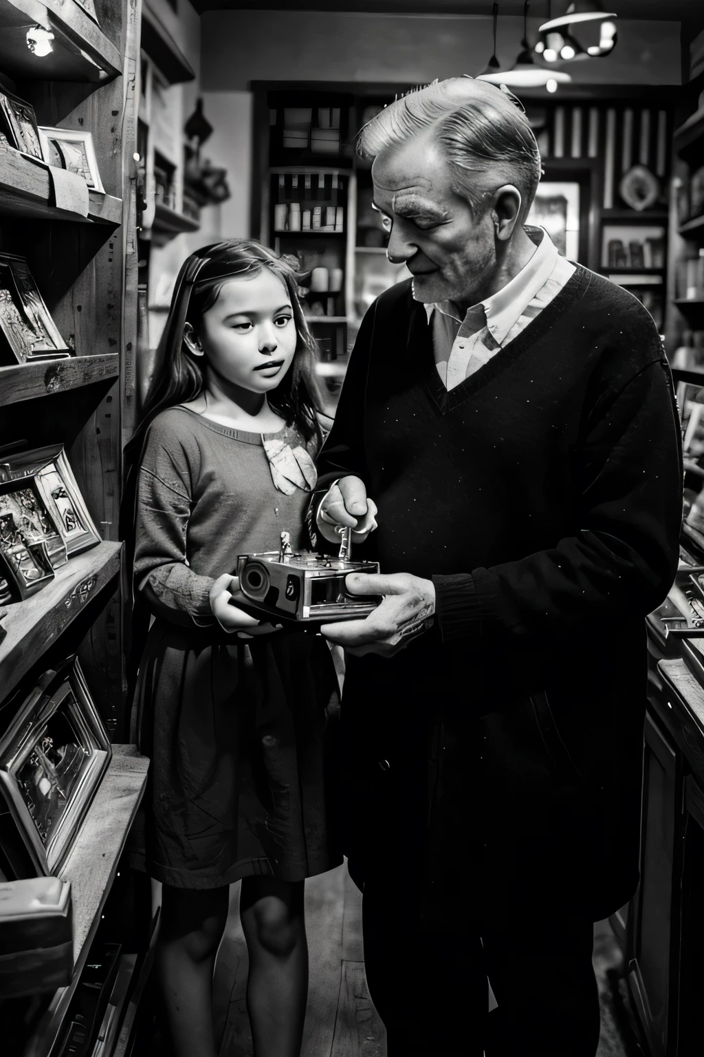 A black and white comic image shows an old man, showing a beautiful, golden music box to a curious girl in his cozy toy shop. The shop's warm feel highlights the magic of the music box, symbolizing hope and transformation.