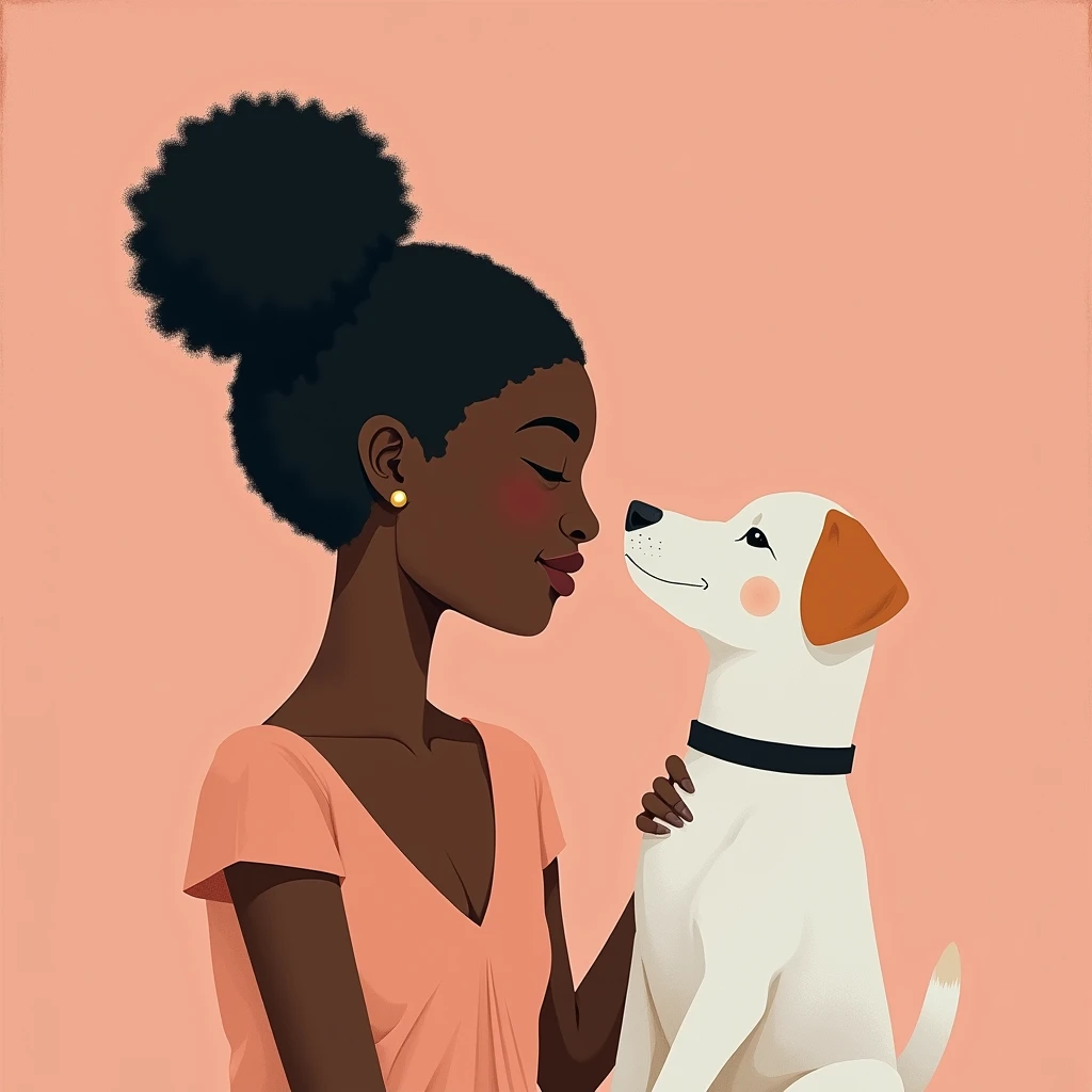Minimalistic painting of a [black woman] and a [puppy], [happy] pastel colors, Andrey Remnev style, soft light, emotionally evocative, fine details, high resolution, boho aesthetic composition