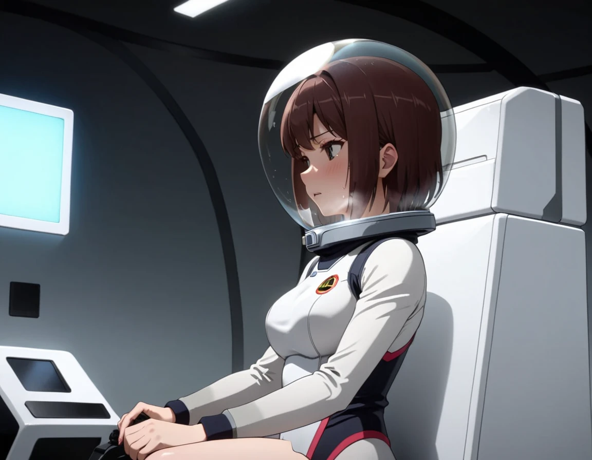 (spacesuit:1.15), white cargo pants,  space helmet , , indoors, masterpiece, best quality, 1girl, solo, short hair, , , trembling, HARD TO BREATH,, , bodysuit, from side, lumine , bubble helmet, short hair,  nside the (cockpit) of a (futuristic spaceship:1.6), , blush,sitting on a chair, covered navel, short hair