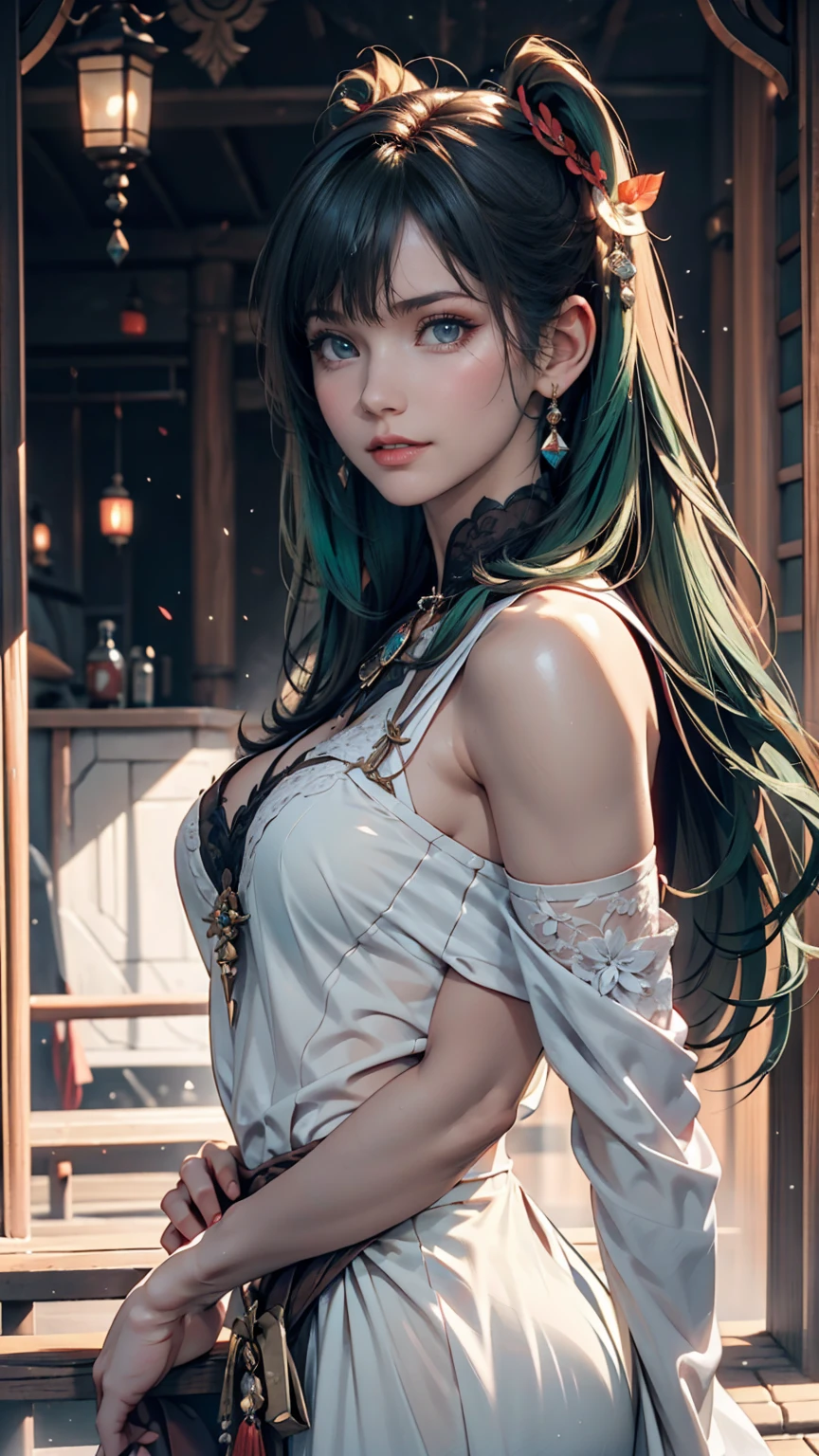 One person, alone, hair ornaments, Green Hair, Twin tails, Long Hair, dress, water,, Mid shot portrait photography (Farzan) From Genshin Impact,, Dark Fantasy Background, Charming grin., By Greg Rutkowski and Walt Disney、Extremely realistic, highly detailed and intricate photorealistic analog style photos。Eyes sharply focused, Cinema Lighting,, , ,超High resolution, High resolution, 8k