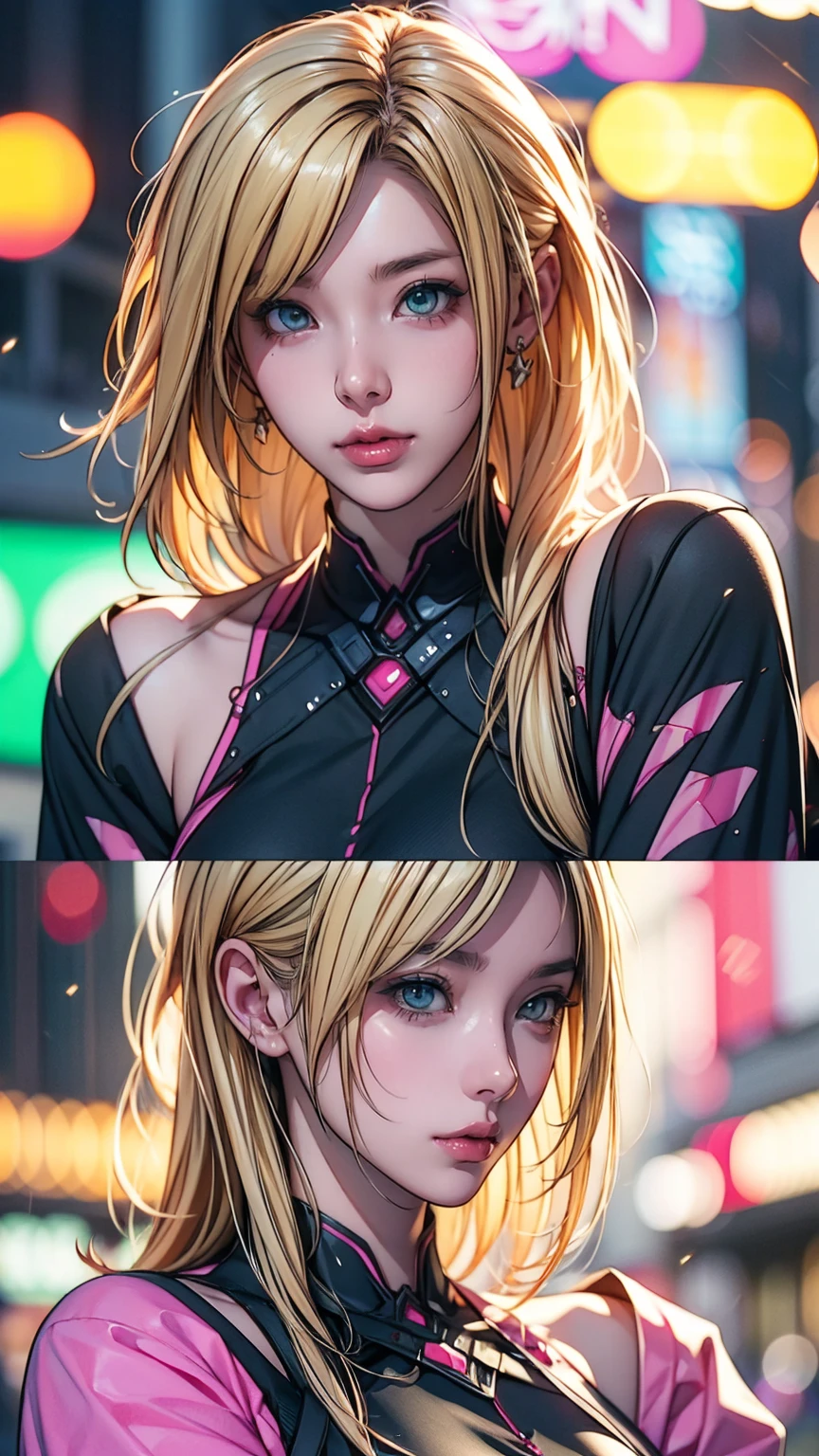 Woman Blonde Hair、Green Eyes、Pink bat、Black top, Realistic art style, Painting a portrait of Ross, Art Germ Portraits, アニメのRealistic art style, 4K Realistic Digital Art, 4K Realistic Digital Art, 8K Art Germany Bokeh, deviantart artstation cgscosiety, artgerm very detailed, Created by Anime Painter Studio, RossDraw Digital Painting