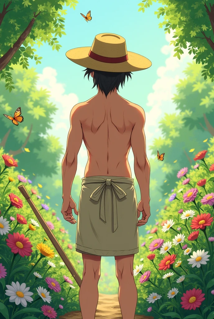 gardener, A naked man in an apron and a straw hat. rear view in a half-turn. naked butt. in anime style