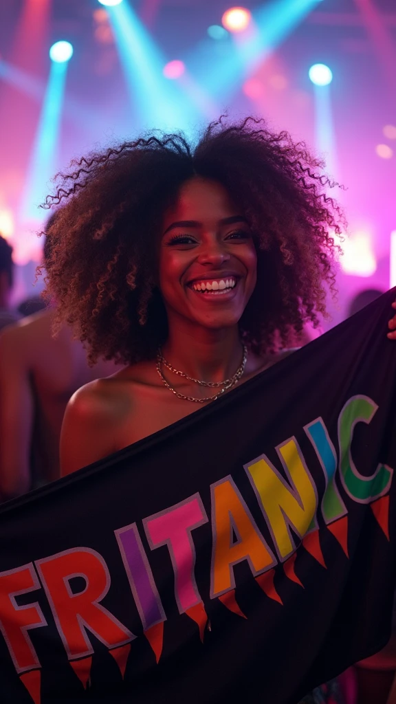 An ultra-realistic and highly detailed image of a black woman with curly hair and light-colored highlights at the tips. She has honey-colored eyes. She is at a rave with lights all around her. She is smiling broadly and holding a black fabric banner with the word "FRITANIC" written in playful, rainbow-colored letters. Next to the word is a fully colored peace and love symbol. The image features a bokeh effect around the woman and a vignette effect. The scene is captured with a Sony A7R IV paired with a 35mm f/1.4 GM lens, ensuring stunning clarity and rich colors. The lighting is vibrant and dynamic, with the rave lights creating a lively atmosphere. The aspect ratio is 9:16, emphasizing the vertical composition 