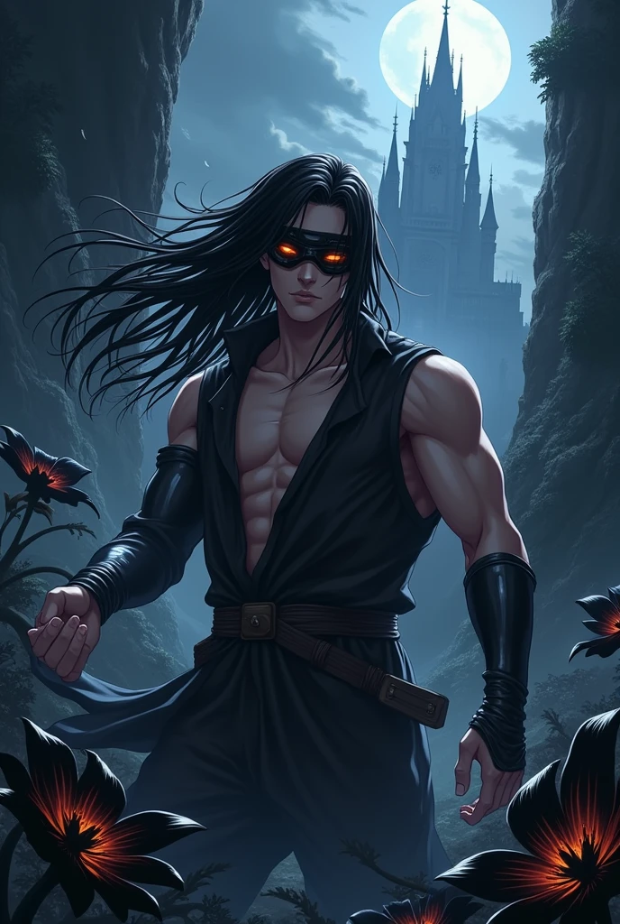Create a man with the power to manipulate energies, with long black hair and a blindfold that detects enemies on his face, inside the dark abyss in anime style. On his side, black flowers and a huge castle. He has a young and muscular appearance.