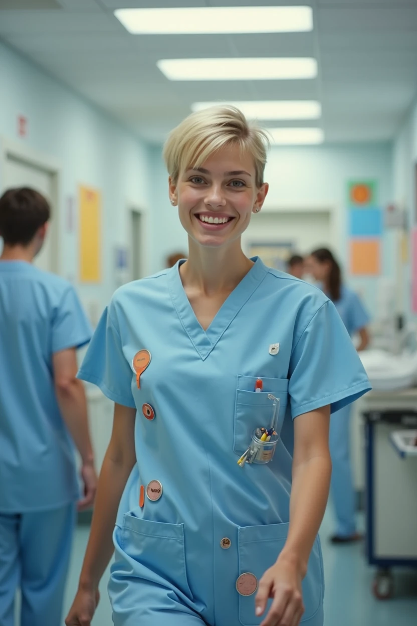 infirmiere adolescente cheveux tres courts blonds uniforme chambre hopital