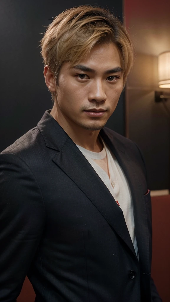 "A photorealistic portrait of a 30-year-old handsome chinese man with short blonde hair, expressive black eyes, and a strikingly handsome face. He sports a modern, blazer outfit that reflects his relaxed style. Set against a backdrop of vibrant RGB walls in red and blue, the image is rich in detail, capturing his charismatic presence. The lighting is warm and inviting, highlighting his features and the modern aesthetic of the scene, making for an eye-catching composition.view front 