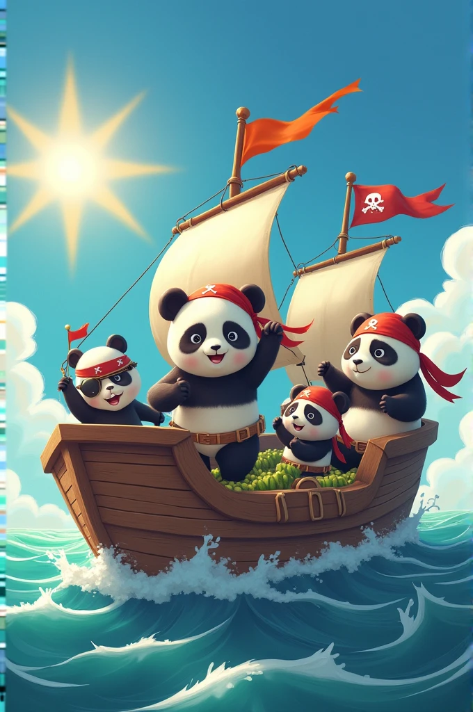 A group of panda riding a boat of pirates in a sunny day with blue background in a animated and funny way