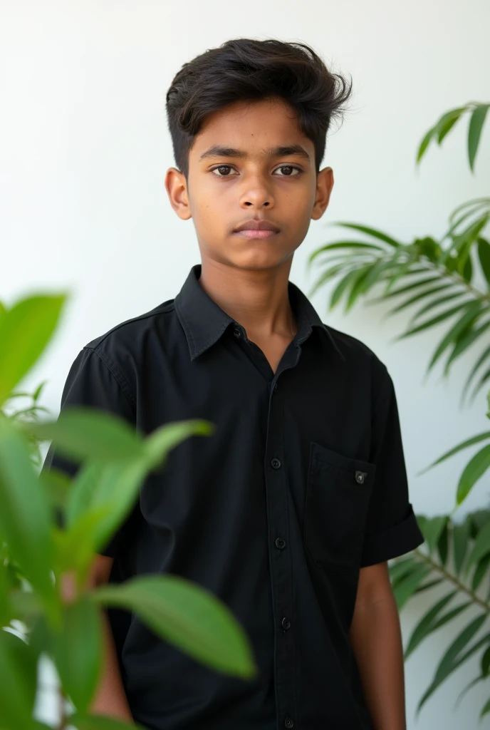 A handsome 18 years old indian boy , photoshoot, white background with green plants , simple pose , rough dry face skin , full body view , black shirt  