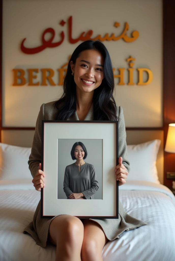 Une femme brune. Les cheveux raides, écartés ou un peu écartés du cou, pas longs, de couleurs noirs. Une femme un peu volumineuse par sa forme physique. Assise dans une grande chambre d'hôtel, sur un lit de l'hôtel, souriante, la tête droite, le regard droit fixé vers l'avant, portant dans ses mains une grande photo qu'elle montre bien vers l'avant de sorte que la photo qu'elle montre soit un peu décollée de sa poitrine et derrière elle, accroché sur le mur, un tableau avec 2 écritures sur le tableau. L'une qui dit en arabe : Bienvenue à Berrechid et la deuxième en langue française qui dit : Bienvenue à Berrechid.