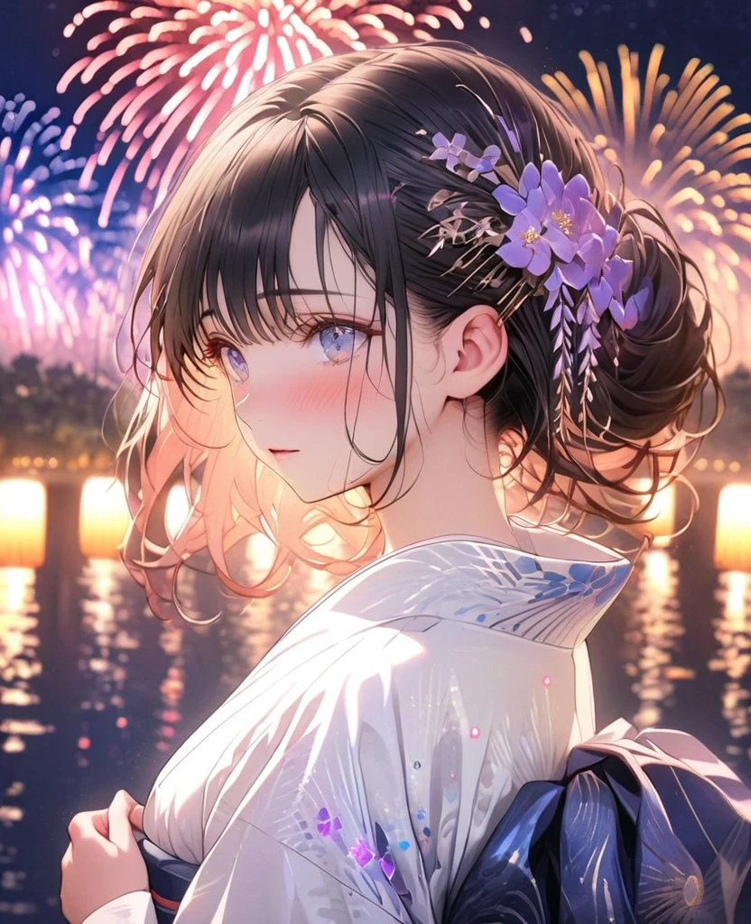 8k,Ephemeral beauty,Very delicate and beautiful,Beautiful and realistic skin,Shining like a jewel,Black Hair、Long and colorful hair,Beautiful Eyes,good,Beautiful night sky、beautiful Fireworks、White yukata、Shy