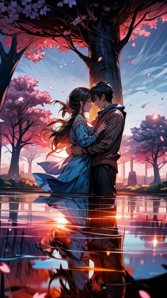 A couple embraces beneath a vibrant sunset sky, with cherry blossom trees in the background. 