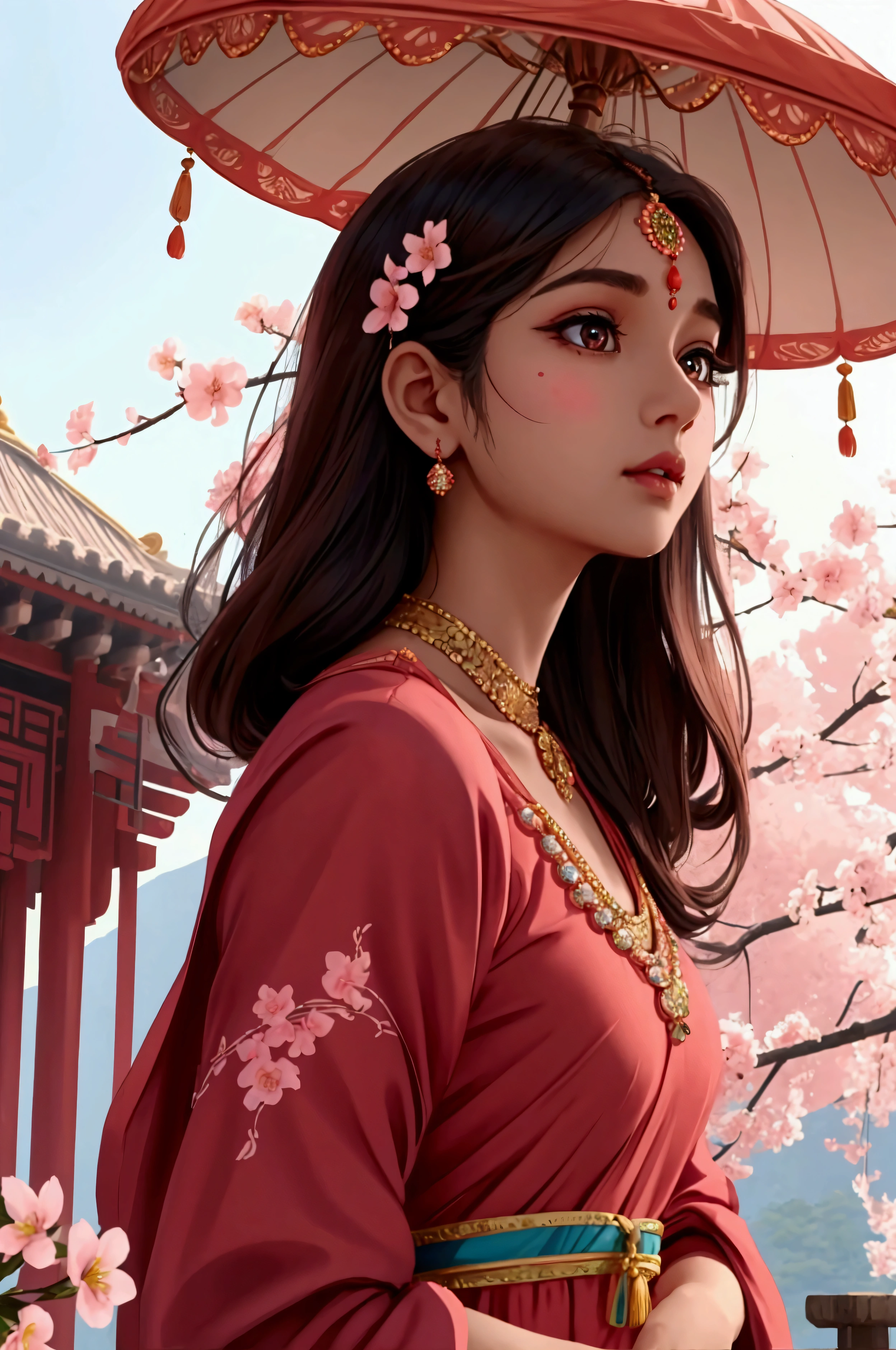 Beautiful and charming Indian woman、Translucent brown skin、Half-body photo、Attractive oval face、double eyelid、Bright peach blossom eyes、Pink Lips、Small Nose、Concentrated face、profile、Looking up at the sky、Face close-up、Ultra-high resolution、Super detailed、Indian temples、god秘的、A background bathed in light、god々Shii、Red dress。
