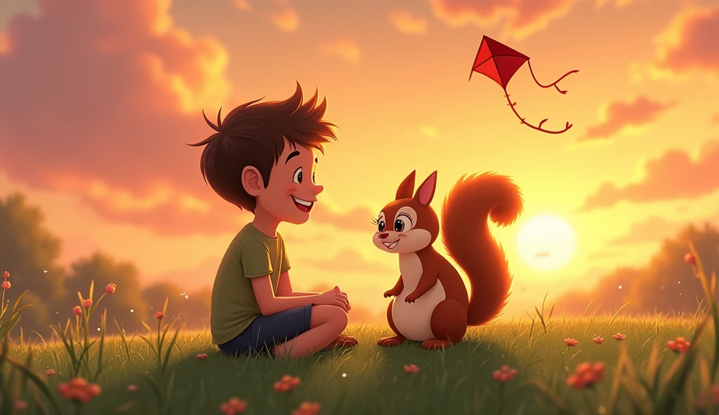 Leo, a young boy with a cheerful smile, A serene sunset scene with Leo and Nutty sitting on the grass together, watching the kite glide against the backdrop of an orange and pink sky. The atmosphere is calm and peaceful, reflecting their contentment. The kite is still flying high, its red tail glowing softly in the fading light.