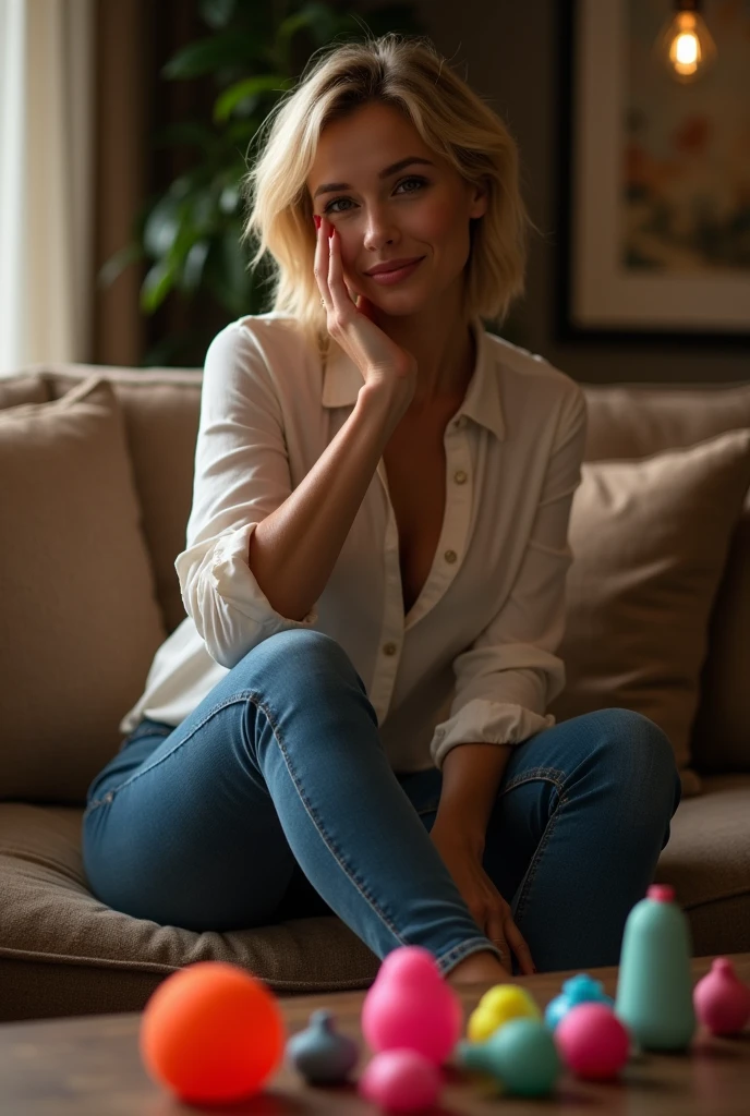 dildo sextoy enthusiast,short blonde haire. She has an hourglass figure, massive breasts. ,Wide hips (implants), Prominent buttocks (implants). She's fully clothed, not naked or topless.
Warm interior of her home, with subdued lighting creating an intimate, welcoming ambience.
Woman seated on a comfortable sofa, dressed in a shirt, skinny jeans that show off her figure, and stilettos that add a touch of sophistication
Coffee table in front of her, carefully arranged with a selection of (sextoys penis dildo:1.5) in various shapes, vibrant colors and textures
She presents each piece with a knowing smile, confidently explaining the particularities and uses of each model
In a relaxed atmosphere, she shares amusing anecdotes and tips on exploring sensuality, creating a genuine connection with her audience
Light-hearted and fun exchanges, she encourages questions, making the experience interactive and engaging, while emphasizing the importance of self-knowledge and pleasure
An authentic moment of sharing, celebrating freedom of expression and personal fulfillment in a cosy, stylish setting.