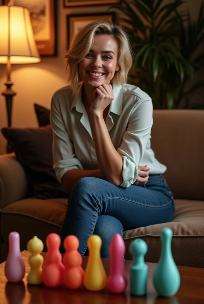 dildo sextoy enthusiast,short blonde haire. She has an hourglass figure, massive breasts. ,Wide hips (implants), Prominent buttocks (implants). She's fully clothed, not naked or topless.
Warm interior of her home, with subdued lighting creating an intimate, welcoming ambience.
Woman seated on a comfortable sofa, dressed in a shirt, skinny jeans that show off her figure, and stilettos that add a touch of sophistication
Coffee table in front of her, carefully arranged with a selection of (sextoys penis dildo:1.5) in various shapes, vibrant colors and textures
She presents each piece with a knowing smile, confidently explaining the particularities and uses of each model
In a relaxed atmosphere, she shares amusing anecdotes and tips on exploring sensuality, creating a genuine connection with her audience
Light-hearted and fun exchanges, she encourages questions, making the experience interactive and engaging, while emphasizing the importance of self-knowledge and pleasure
An authentic moment of sharing, celebrating freedom of expression and personal fulfillment in a cosy, stylish setting.